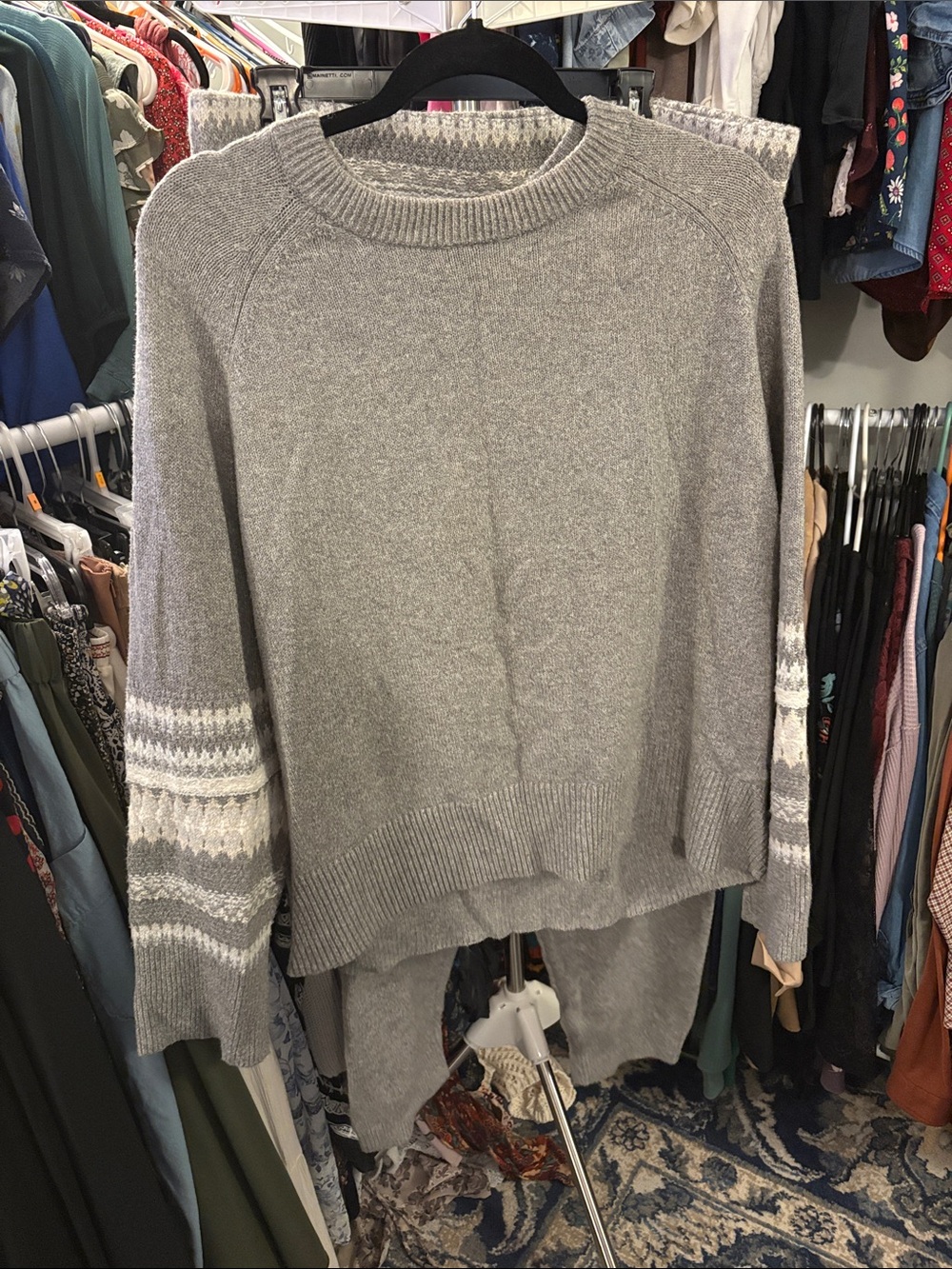 Have Gray Crewneck Sweater with Fair Isle Sleeve Detail and matching pants
